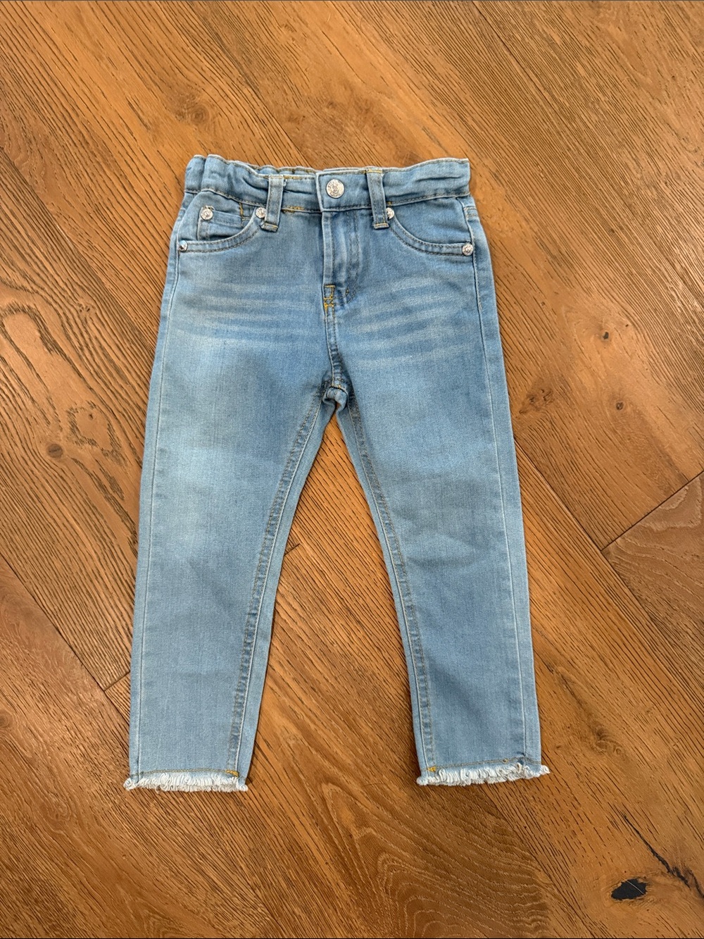7 For All Mankind Light Blue Kids Stretch Denim Jeans with Frayed Cuffs